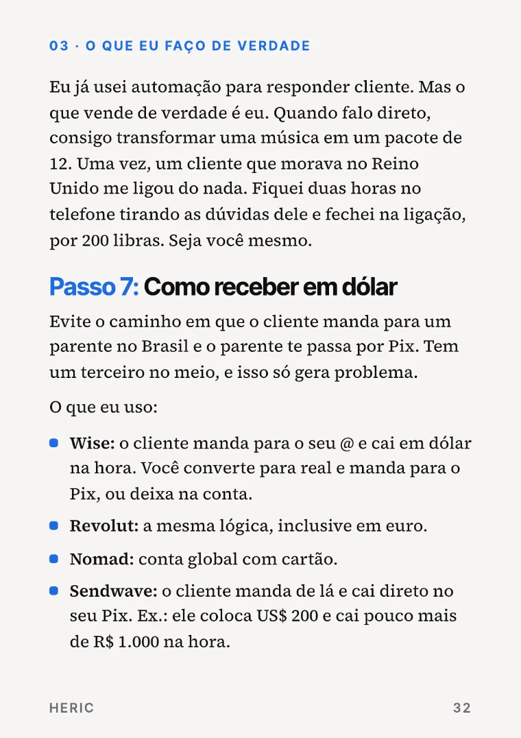 Página do Passo 7, receber em dólar